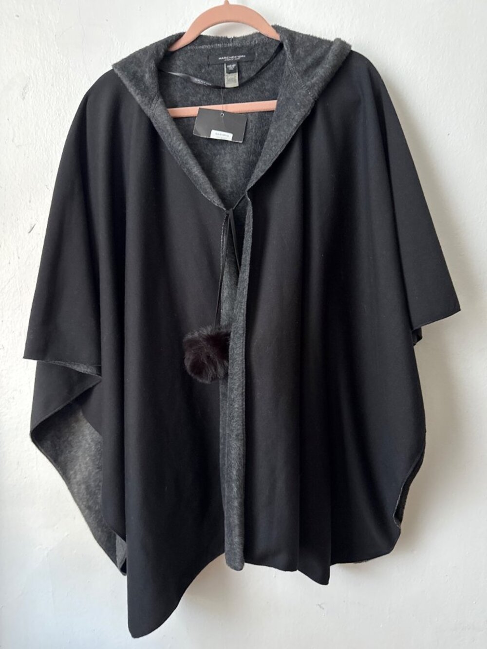 Marc New York Andrew Marc Black & Gay Hooded Cape Poncho with Decorative Pom-Pom